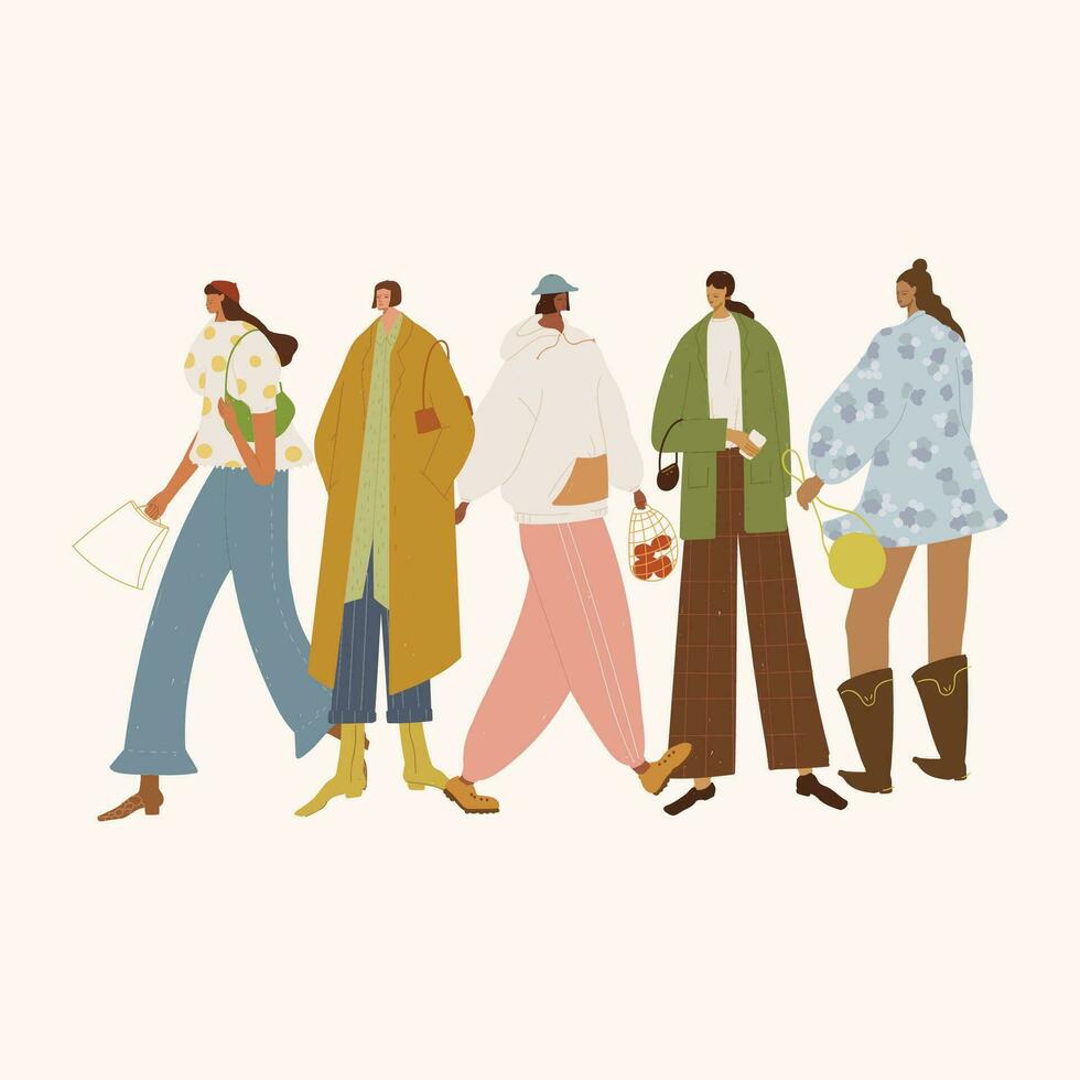 vecteur illustration de une groupe de gens en marchant dans l'automne vêtements. plat style.