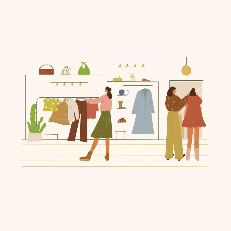 femmes achats dans le Vêtements magasin. vecteur illustration dans plat style.