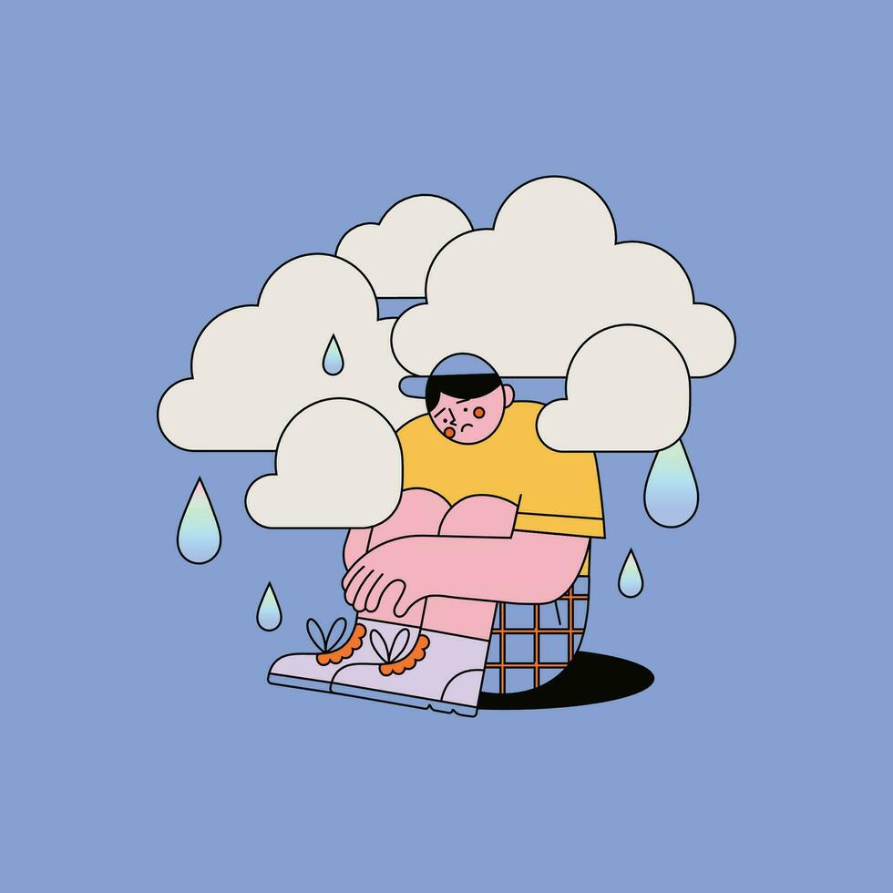 homme séance dans une chaise en dessous de le pluie. vecteur illustration dans dessin animé style