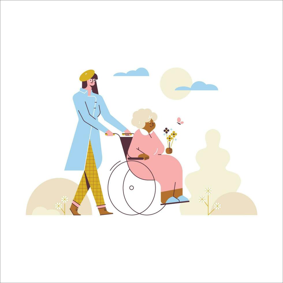 personnes âgées femme dans une fauteuil roulant avec une soignant. vecteur illustration