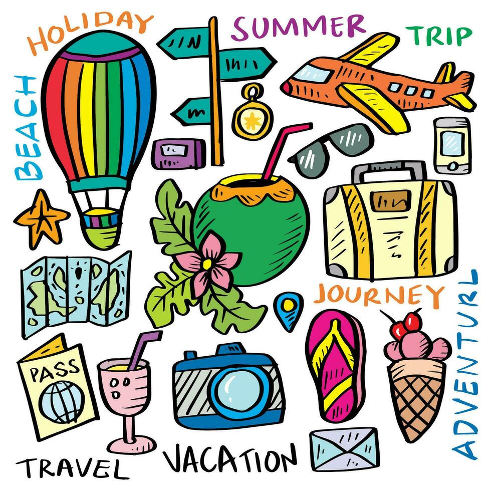 ensemble de symboles de voyage doodle dessinés à la main tourisme. vecteur