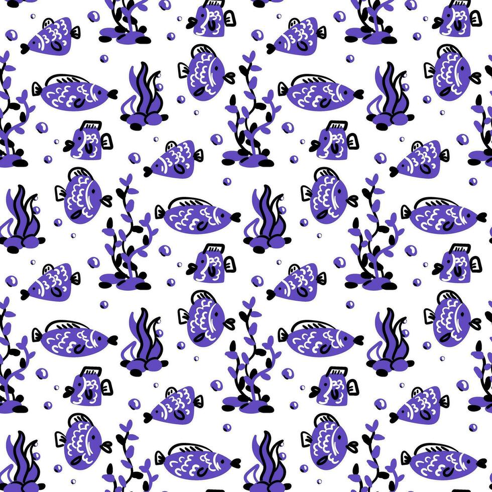 sans couture Contexte avec décoratif violet petit poisson. Marin thème avec poisson et algues flottant dans différent directions. brillant éléments sur une blanc Contexte. Couleur taches, contour. ornement impression vecteur