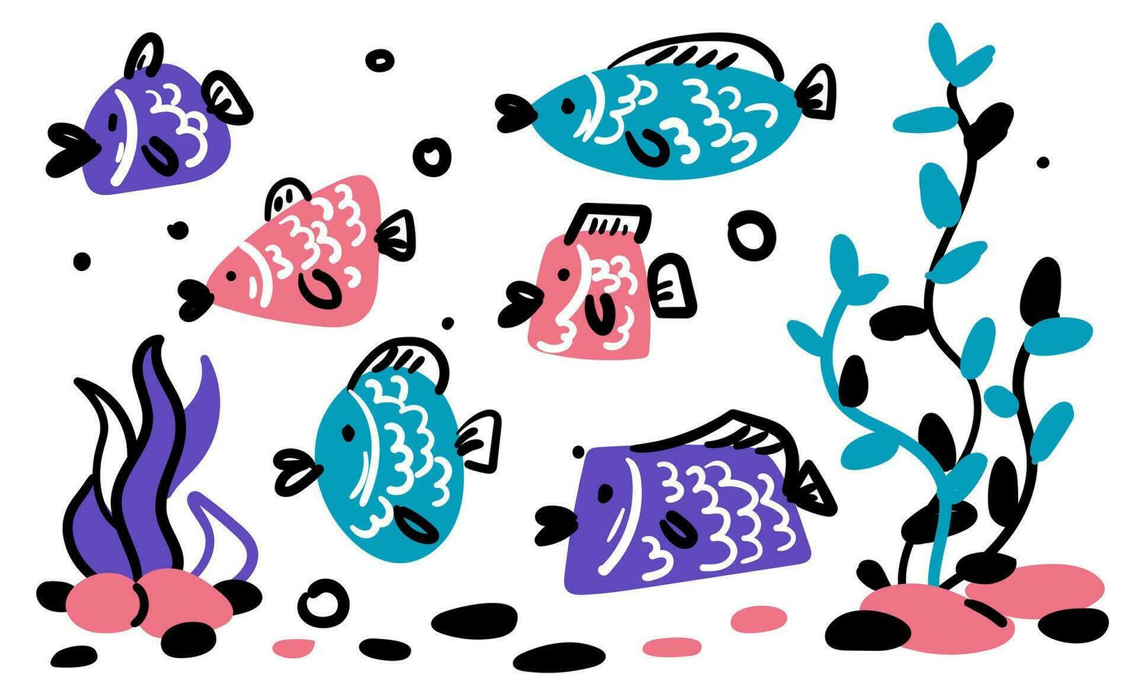 une collection de vecteur dessiné à la main mignonne poisson dans une plat style. une ensemble de coloré poisson et algues. vecteur illustration pour badge, logo, imprimer, Icônes, cartes postales, emblèmes, Étiquettes. aquarium pour les enfants