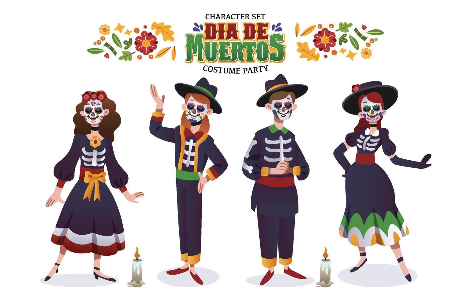 jeu de personnages de fête costumée dia de muertos vecteur