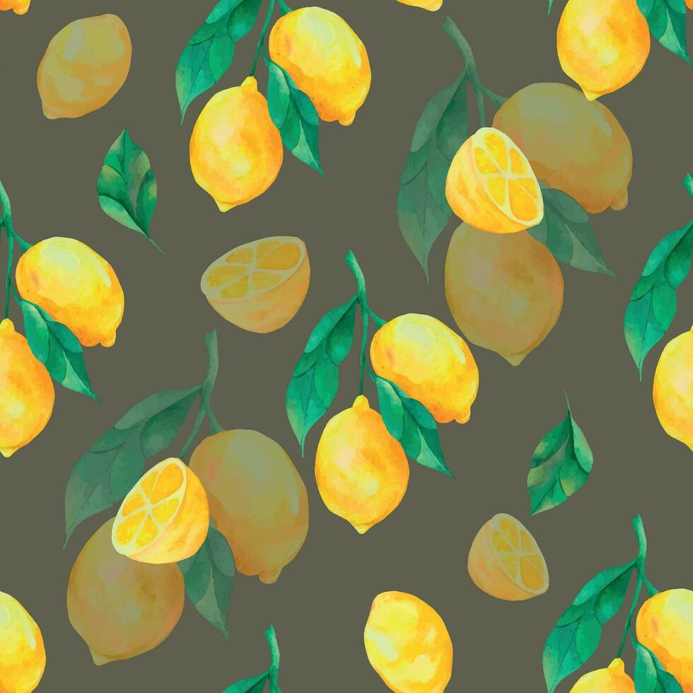 sans couture modèle avec Jaune citrons. Contexte avec fruit sur une foncé Contexte. aquarelle modèle avec citrons et feuilles. vecteur