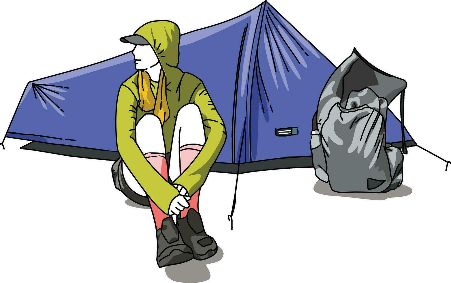 une fille est en voyageant seul dans de face de sa tente vecteur