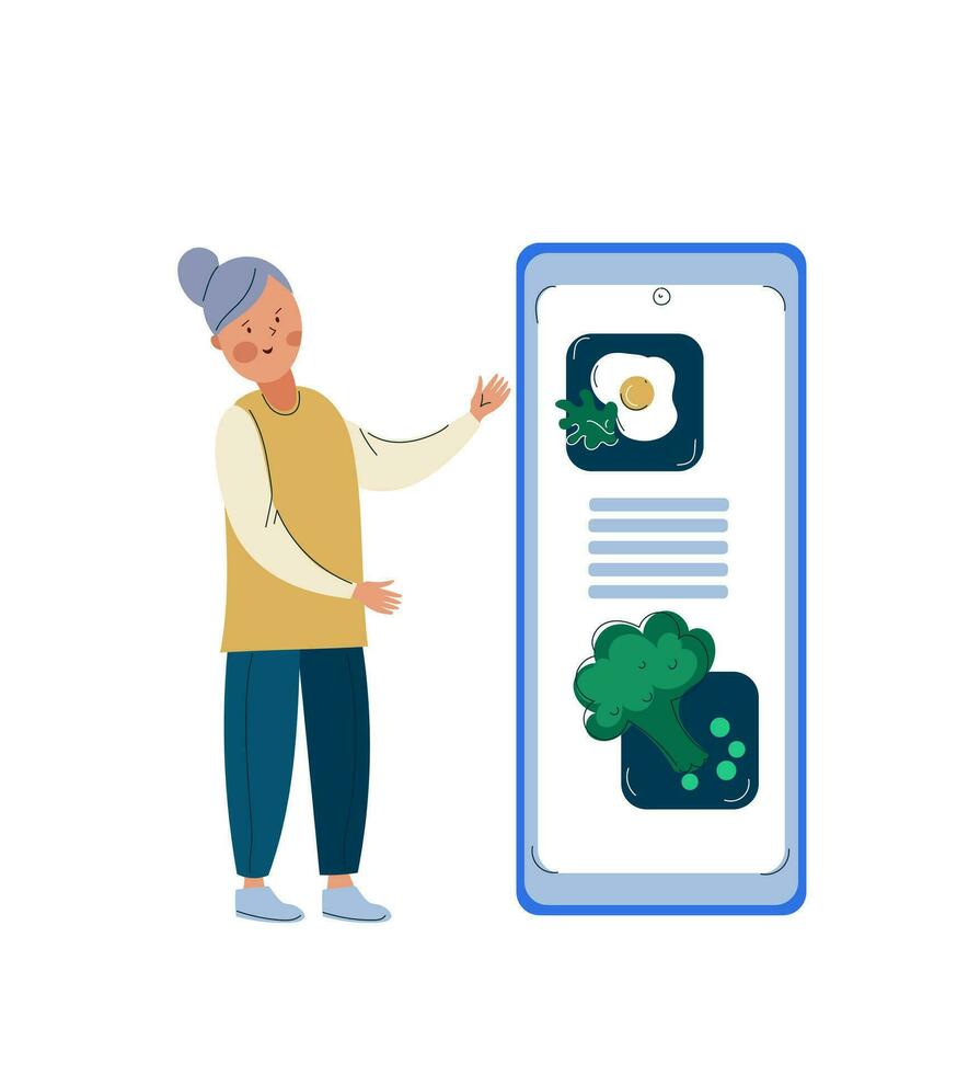mobile application pour calorie compte. idée de en bonne santé nutrition et repas portion. fille compte calories avec téléphone intelligent app vecteur