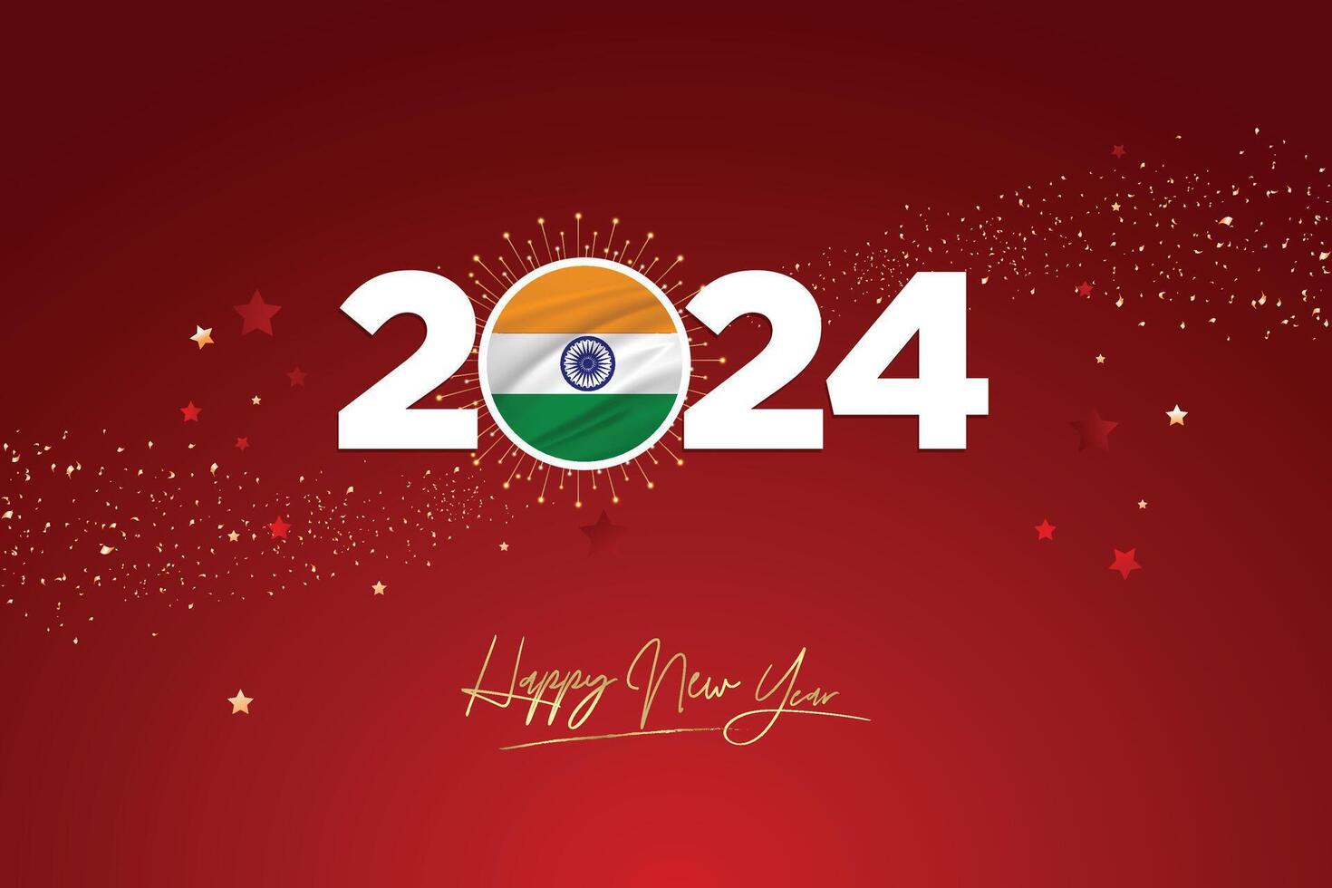 coloré content Nouveau année Festival conception bannière, Nouveau année 2024 logo avec Indien drapeau sur rouge-marron confettis et étoile arrière-plan, calendrier 2024, social médias Nouveau année bannière, Publier carte, salutations vecteur