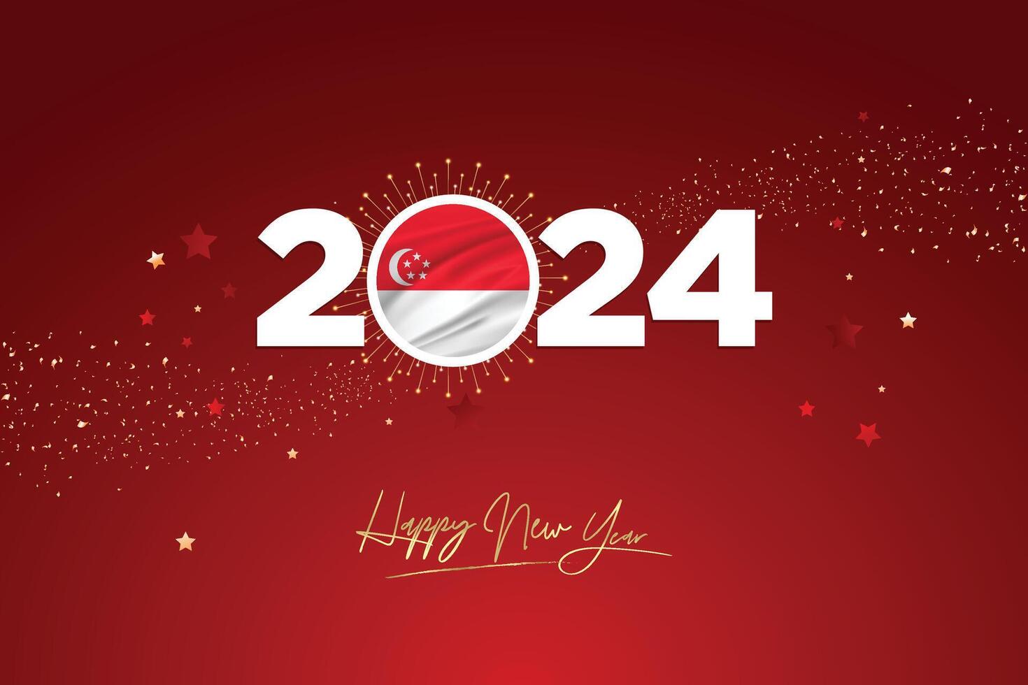 coloré content Nouveau année Festival conception bannière, Nouveau année 2024 logo avec Singapour drapeau sur rouge-marron confettis et étoile arrière-plan, calendrier 2024, social médias Nouveau année bannière, Publier carte, salutations vecteur