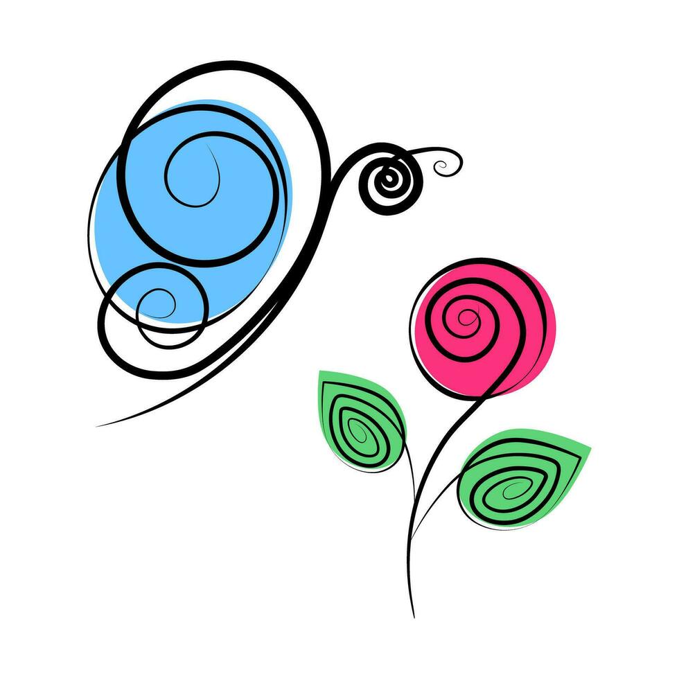 stylisé Rose et papillon avec taches dans branché marqueur nuances. printemps salutation carte conception concept vecteur