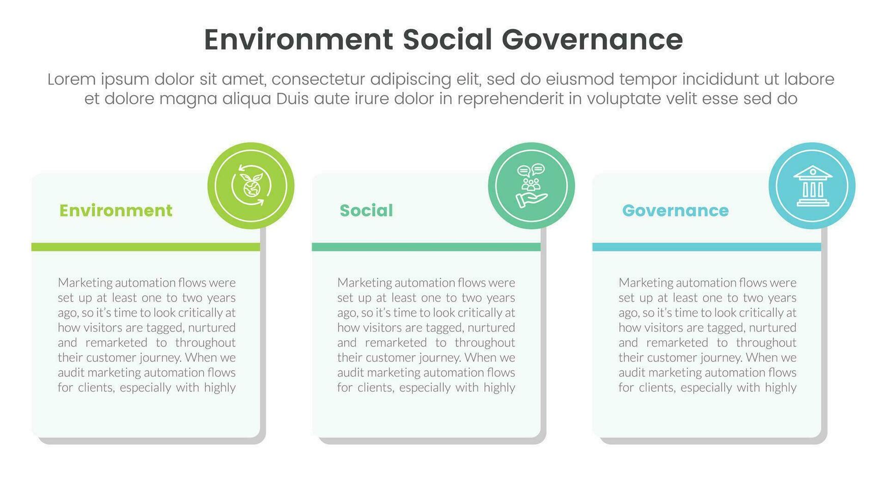 esg environnement social et la gouvernance infographie 3 point étape modèle avec gros carré boîte avec petit cercle comme badge concept pour faire glisser présentation vecteur