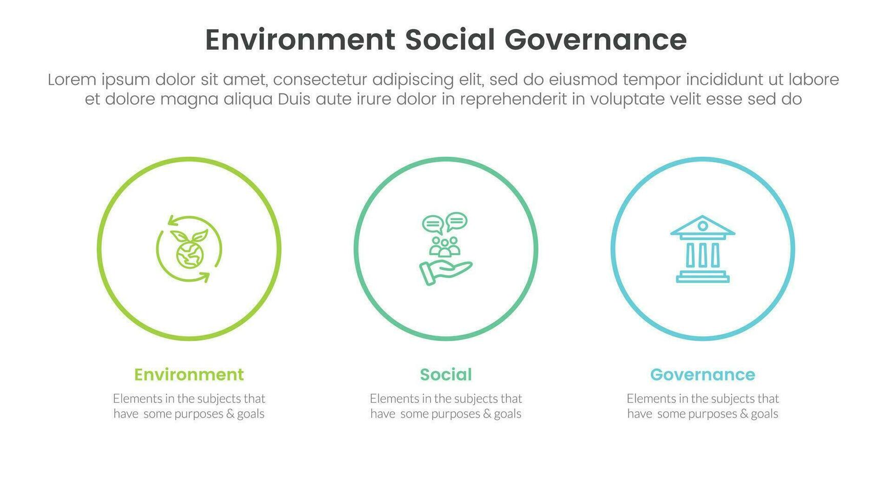 esg environnement social et la gouvernance infographie 3 point étape modèle avec gros cercle contour horizontal concept pour faire glisser présentation vecteur