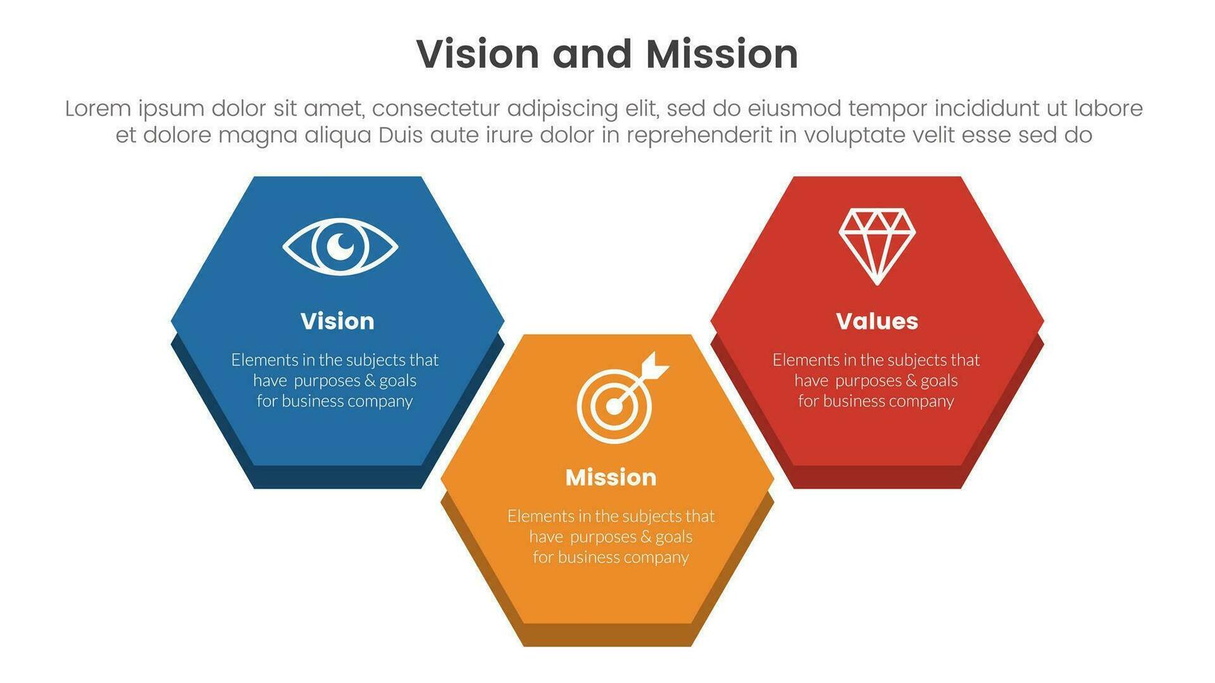 affaires vision mission et valeurs une analyse outil cadre infographie avec gros nid d'abeille forme 3 point étapes concept pour faire glisser présentation vecteur