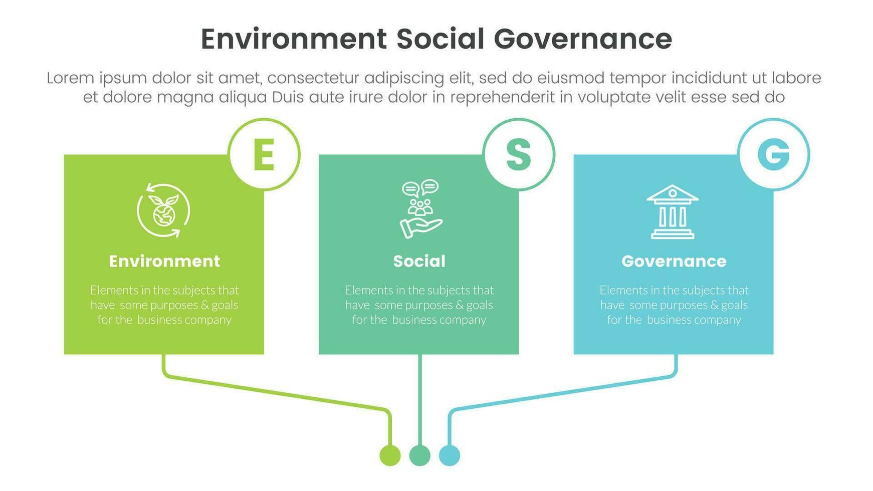 esg environnement social et la gouvernance infographie 3 point étape modèle avec carré boîte rectangle coloré table concept pour faire glisser présentation vecteur