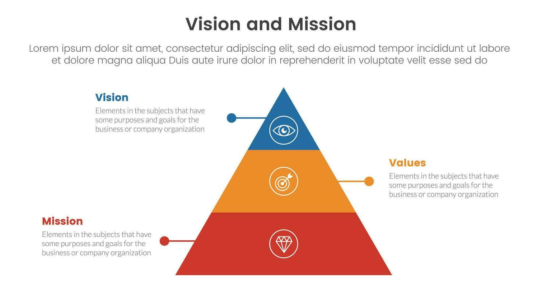 affaires vision mission et valeurs une analyse outil cadre infographie avec pyramide forme 3 point étapes concept pour faire glisser présentation vecteur