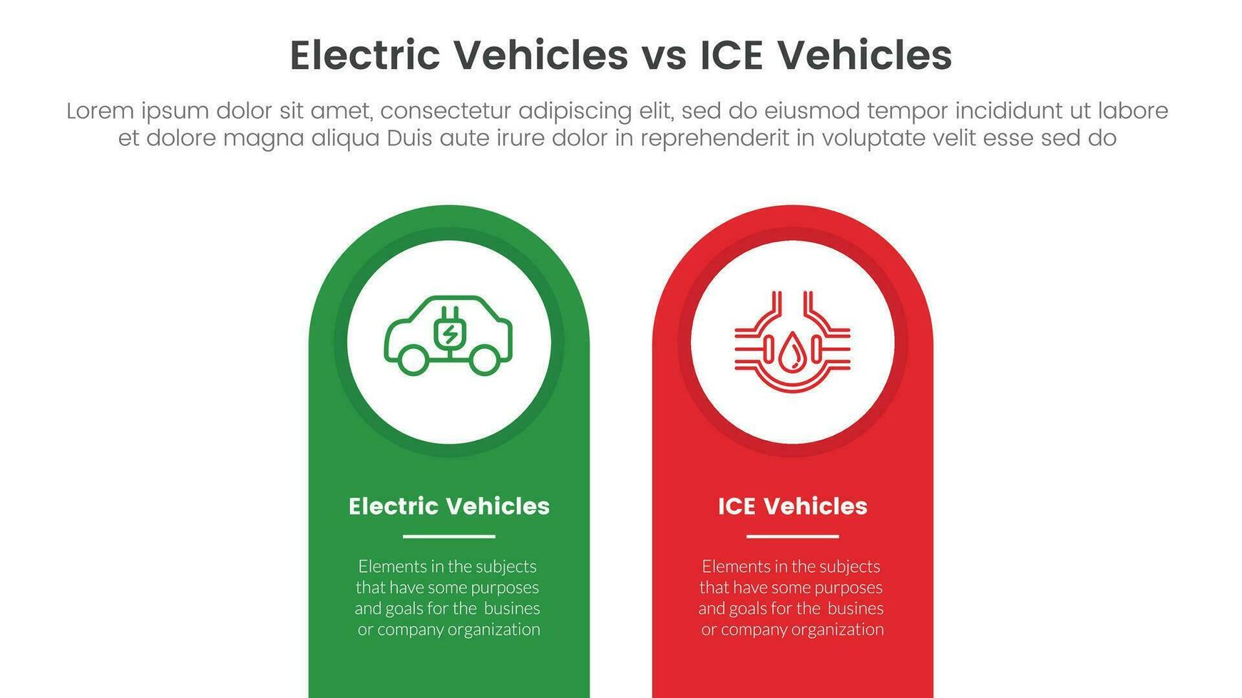 ev contre la glace électrique véhicule Comparaison concept pour infographie modèle bannière avec rond forme sur Haut verticale avec deux point liste information vecteur