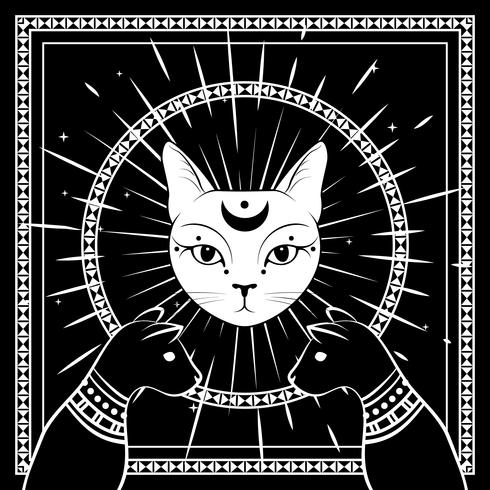 Chats noirs, visage de chat avec lune sur ciel nocturne avec cadre rond ornemental. Magie, design occulte. vecteur