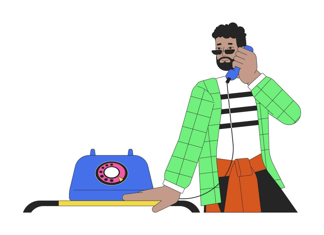 africain américain homme en portant Téléphone destinataire 2d linéaire dessin animé personnage. rétro téléphone conversation noir gars isolé ligne vecteur la personne blanc Contexte. nostalgique Couleur plat place illustration