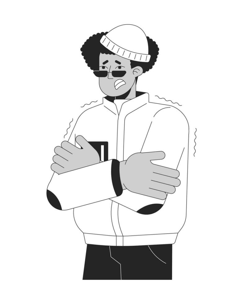 hispanique Jeune homme grelottant de du froid temps noir et blanc 2d ligne dessin animé personnage. hiver tenue latino gars frissons isolé vecteur contour personne. gelé monochromatique plat place illustration