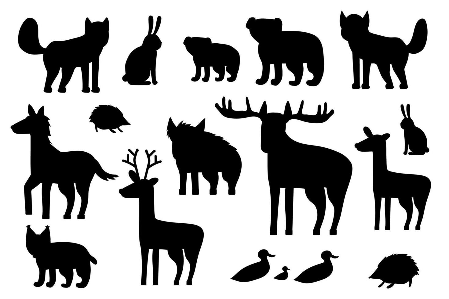 ensemble d'animaux de la forêt de silhouette noire. dessin animé vecteur isolé renard, loup, ours, ourson, wapiti, cerf, daim, hérisson, lièvre, canard, caneton, lynx, cheval, sanglier