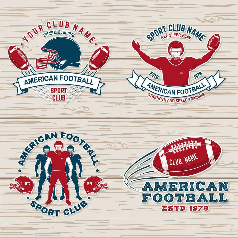 ensemble de américain Football ou le rugby club badge. vecteur pour chemise, logo, imprimer, timbre, correctif. ancien conception avec américain Football sportif joueur, casque, balle, herbe et épaule tampons silhouette