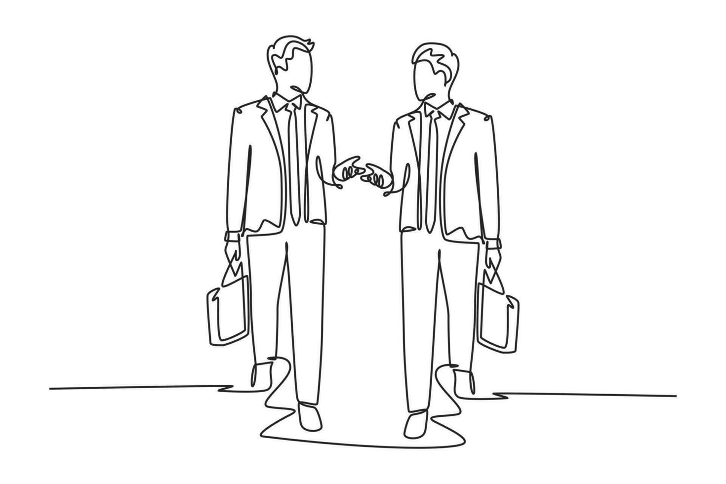 Célibataire un ligne dessin deux Jeune entreprise affaires Hommes prendre marcher et parler ensemble après entreprise réunion. affaires conversation concept. moderne continu ligne dessiner conception graphique vecteur illustration