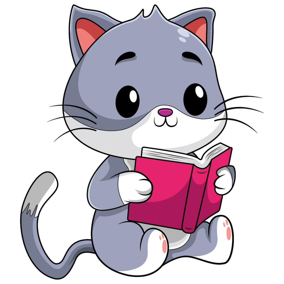 chat dessin animé en train de lire une livre vecteur