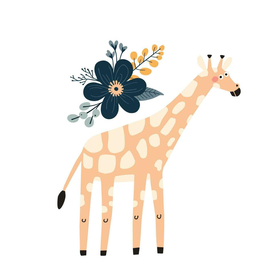 girafe avec fleurs. vecteur illustration dans dessin animé style.