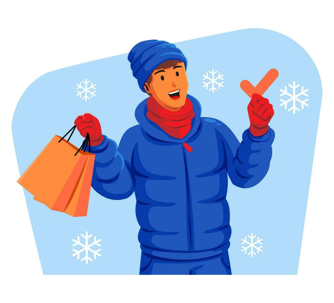 homme dans une hiver veste avec hiver chapeau et écharpe en portant achats Sacs et vérifier marque vecteur