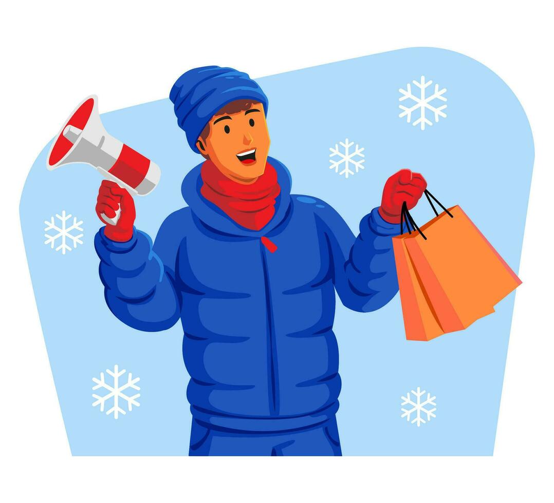 homme dans une hiver veste avec hiver chapeau et écharpe en portant achats Sacs et mégaphone vecteur