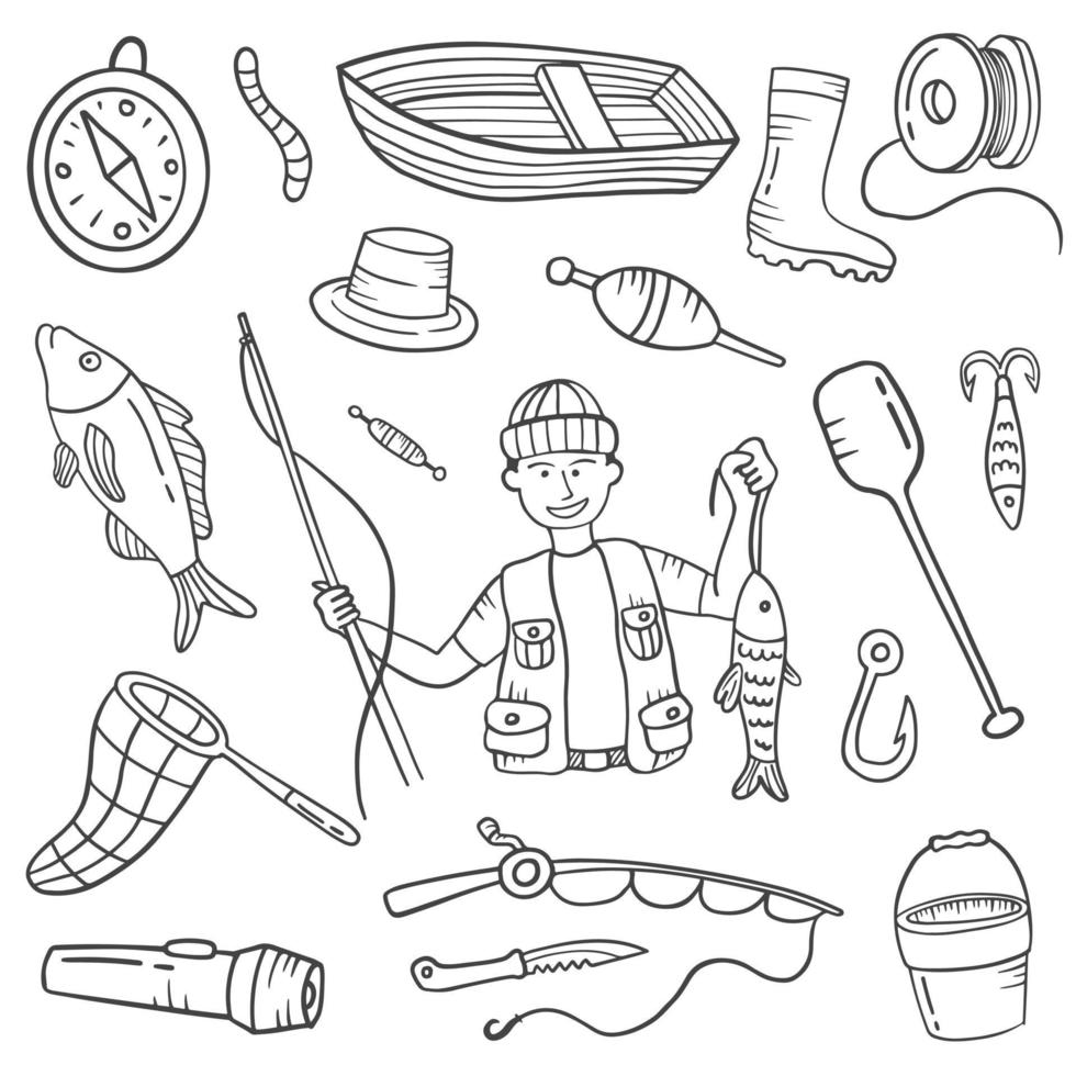 emplois de pêcheur ou profession doodle collections de jeux dessinés à la main vecteur