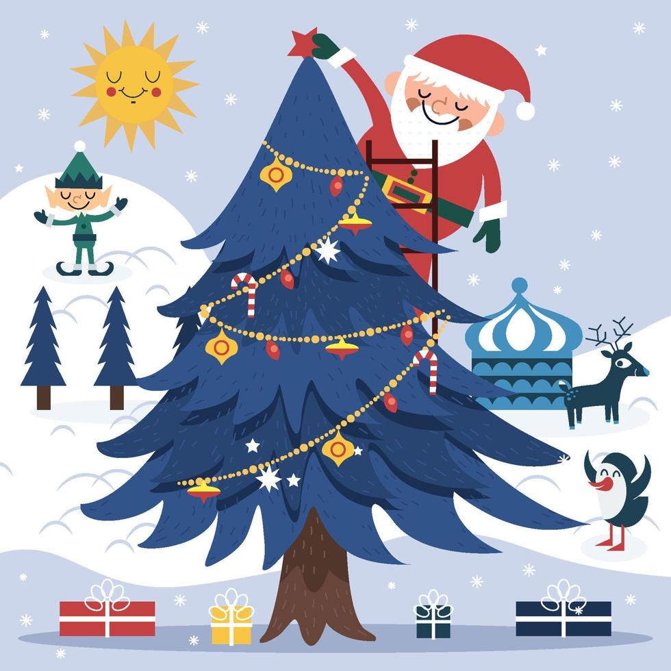 Le père Noël a mis l'étoile dans le concept d'arbre de Noël vecteur