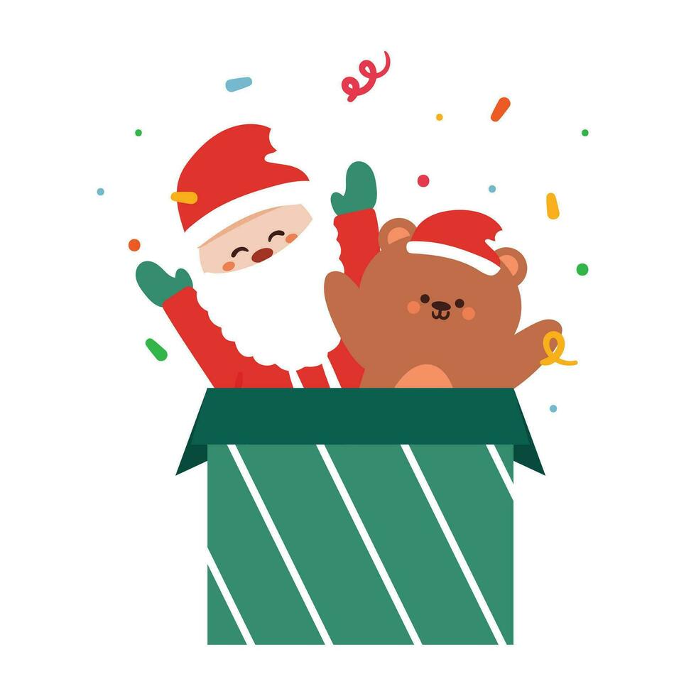 main dessin dessin animé ours et Père Noël claus à l'intérieur une cadeau boîte vecteur