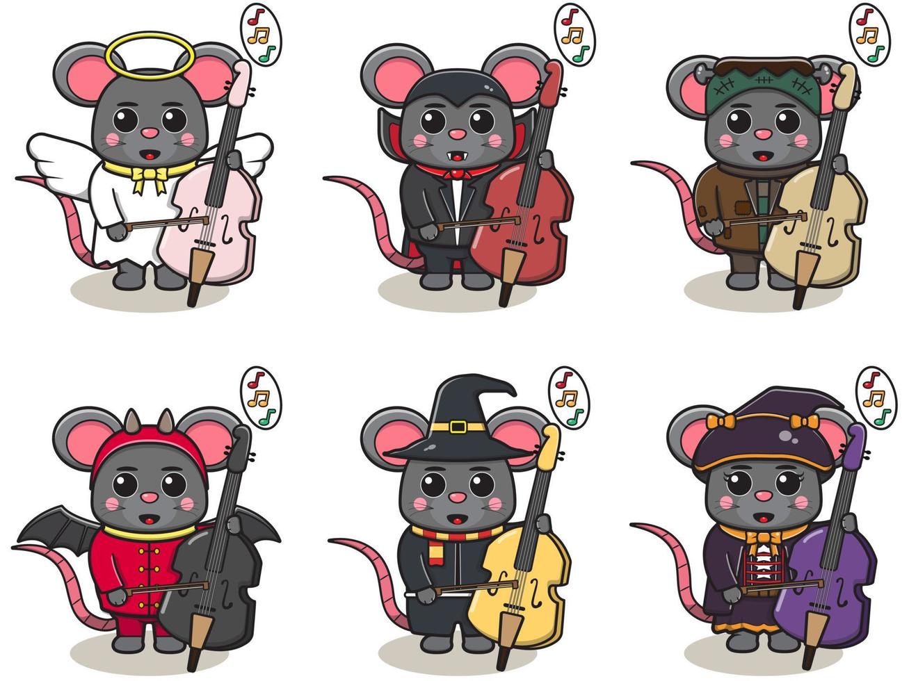 illustration vectorielle de souris mignonne avec costume d'halloween jouant du violoncelle. vecteur