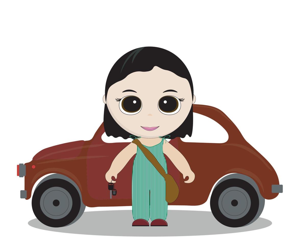 illustration vectorielle de dessin animé mignon pour enfants. jolie fille de dessin animé avec sa voiture rouge vecteur