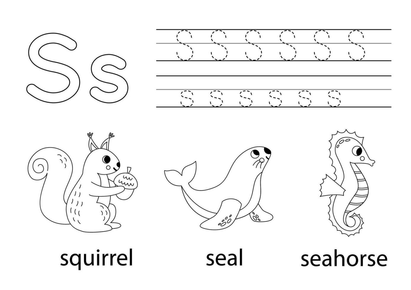 trace majuscule et minuscule lettre s. animal alphabet pour enfants. vecteur