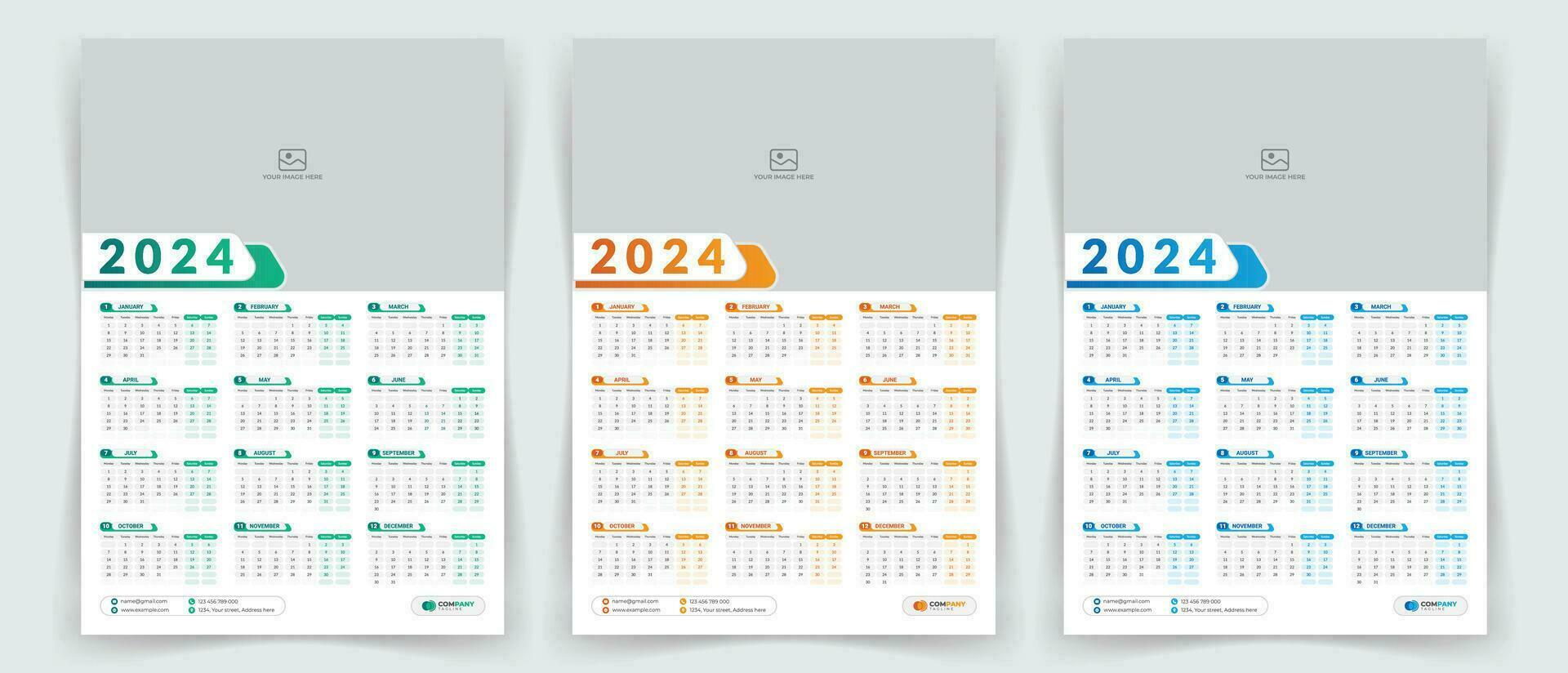 2024 une page mur calendrier conception modèle avec Couleur variation, moderne modifiable 12 mois une page calendrier. vecteur