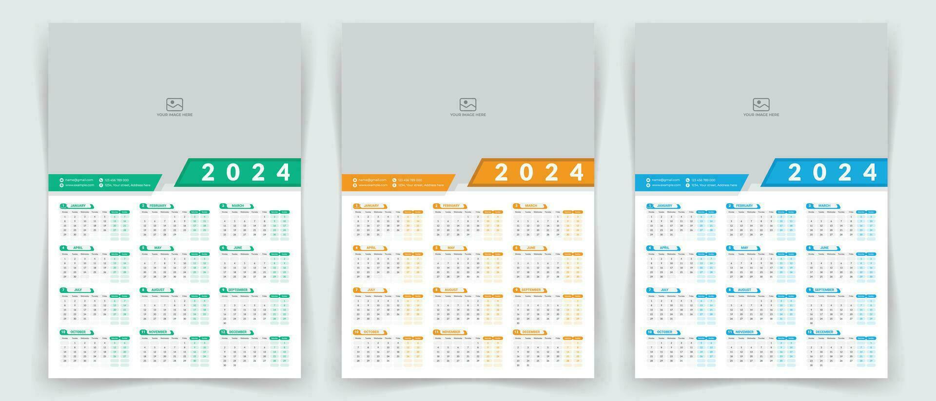 2024 une page mur calendrier conception modèle avec Couleur variation, moderne modifiable 12 mois une page calendrier. vecteur