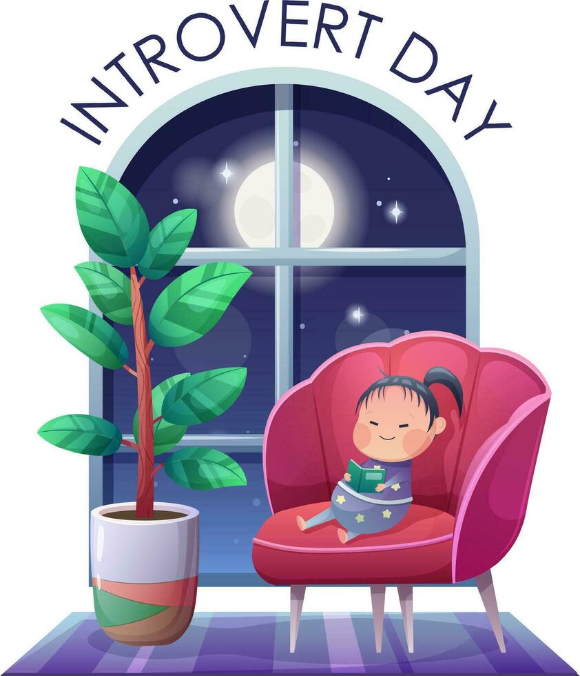 introverti journée salutation carte. intérieur composition avec fauteuil, plante d'appartement, fenêtre, nuit et mignonne peu homme avec livre. vecteur illustration dans dessin animé style