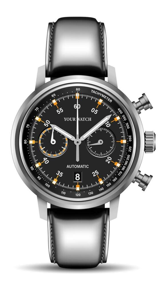 réaliste regarder l'horloge chronographe argent noir visage blanc nombre gris cuir sangle sur isolé conception classique luxe vecteur