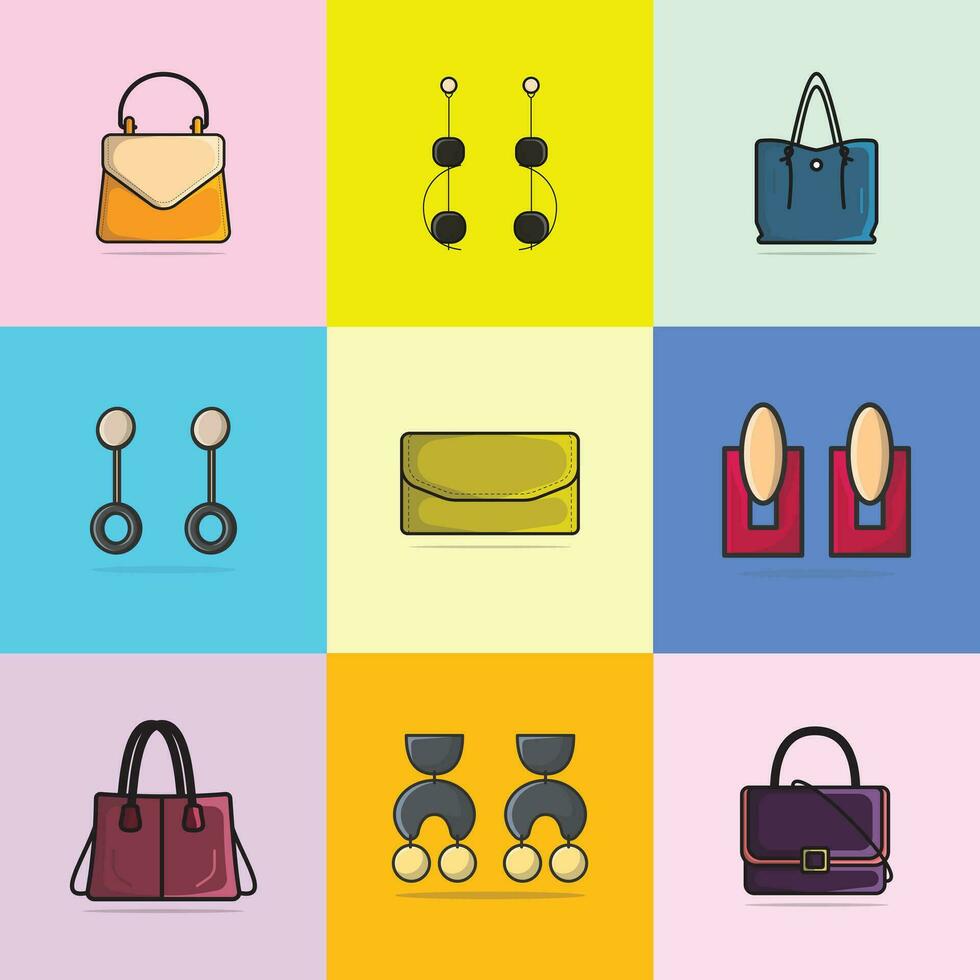 ensemble de bijoux des boucles d'oreilles et magnifique sacs à main conception vecteur illustration. beauté mode objets icône concept. ensemble de femmes mode conception accessoires vecteur conception.