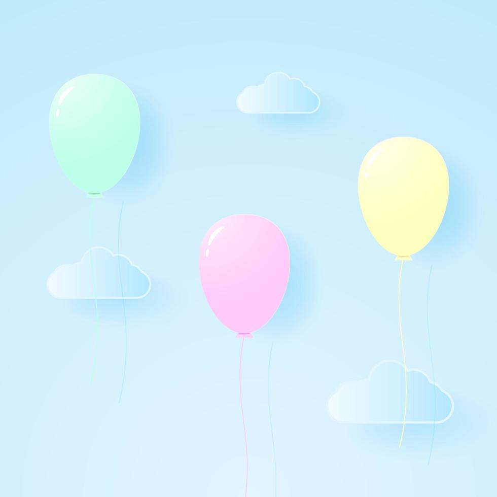 ballons colorés de couleur pastel volant dans le ciel, style art papier vecteur