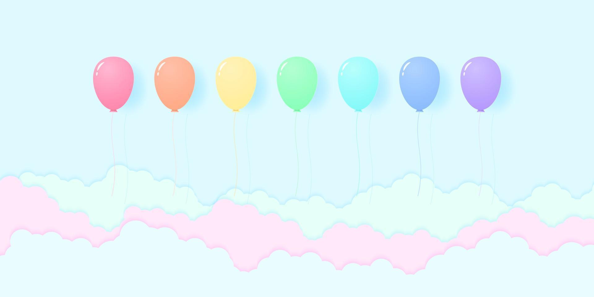 ballons colorés de couleur pastel volant dans le ciel, motif de couleur arc-en-ciel, style art papier vecteur
