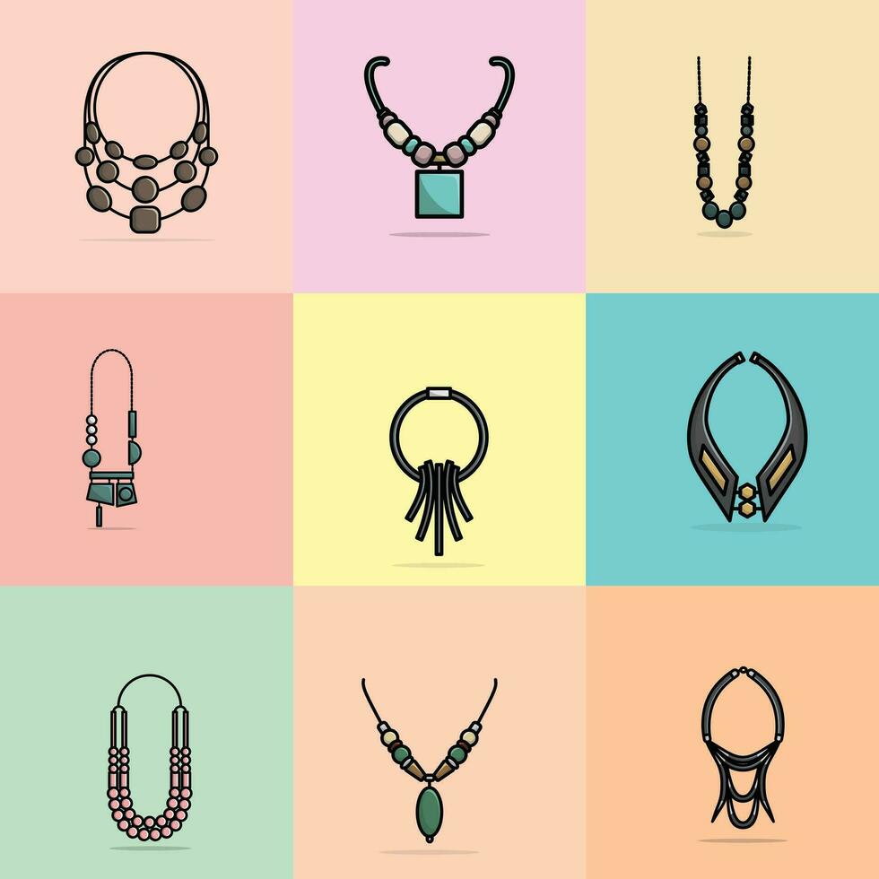 collection de 9 luxe moderne femmes événements cou colliers vecteur illustration. beauté mode objets icône concept. ensemble de les filles mode colliers vecteur conception.