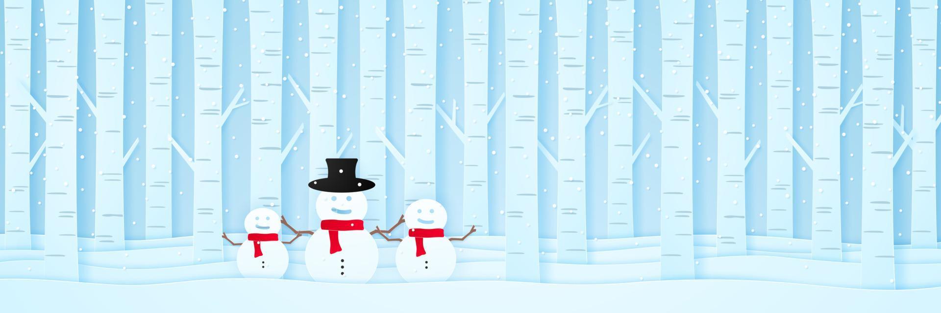 joyeux noël, bienvenue bonhomme de neige et pins sur la neige dans un paysage d'hiver avec des chutes de neige, carte d'invitation, style art papier vecteur
