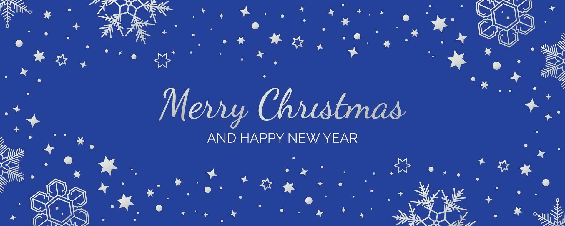 Noël et Nouveau année salutation carte avec argent flocons de neige isolé sur bleu vecteur
