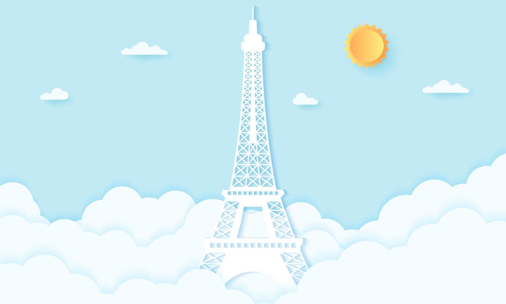 tour eiffel avec des nuages, style art papier vecteur