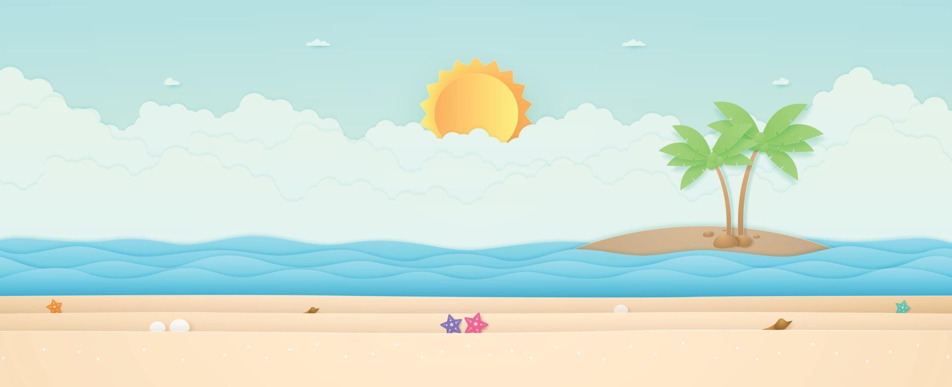 heure d'été, paysage marin, paysage, étoile de mer sur la plage avec mer et île, soleil éclatant dans le ciel, style art papier vecteur