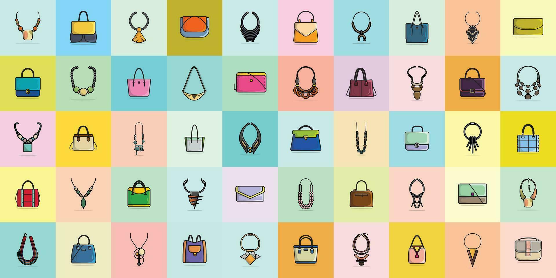 collection de 50 luxe femmes événements sacs à main et Dame cou colliers vecteur illustration. beauté mode objets icône concept. ensemble de les filles mode bijoux accessoires vecteur conception.