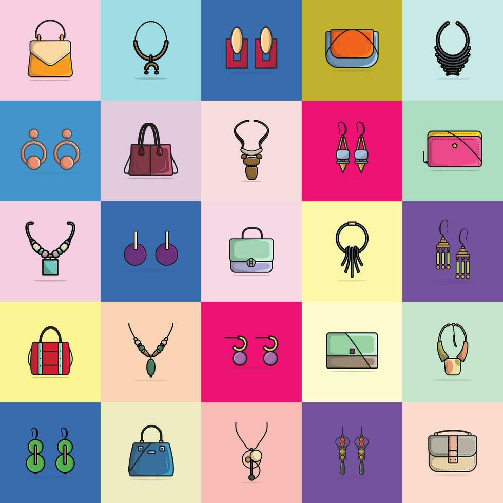 collection de 25 aux femmes fête mode des boucles d'oreilles, sacs à main et cou colliers vecteur illustration. beauté mode objets icône concept. ensemble de femmes mode bijoux accessoires vecteur conception.